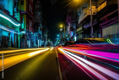 Illustration capturing the speed concept with light trails from long exposure photography during the night in a bustling city. Ai generated. © twindesigner