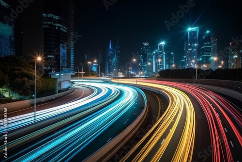 Illustration capturing the speed concept with light trails from long exposure photography during the night in a bustling city. Ai generated.