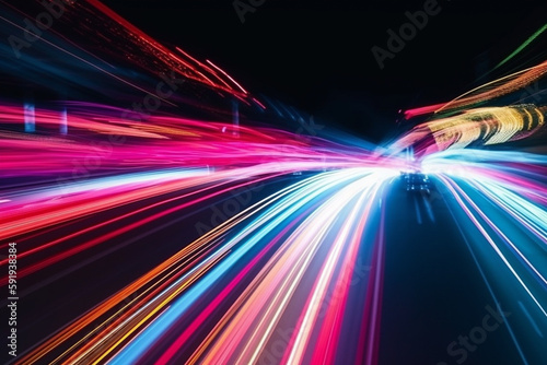 Illustration capturing the speed concept with light trails from long exposure photography during the night in a bustling city. Ai generated.