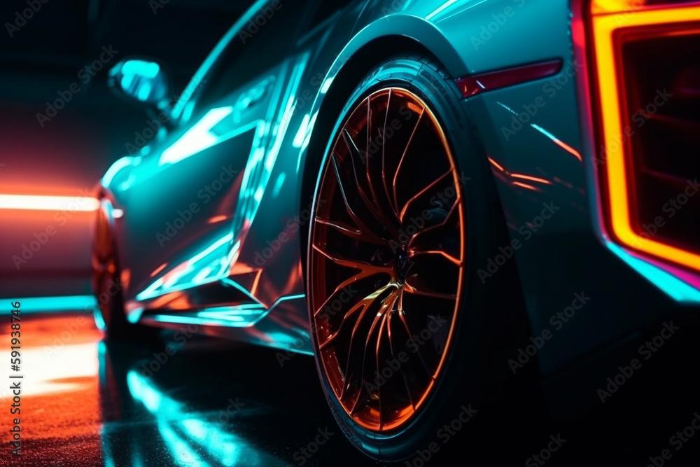 Wheel rim of a speed sports car with vibrant colors and neon lights, exuding a sense of speed and excitement. Racing Car Rims in the Dark with neon colors and vibrant colors. Ai generated Wheel rim of a speed sports car with vibrant colors and neon lights, exuding a sense of speed and excitement. Racing Car Rims in the Dark with neon colors and vibrant colors. Ai generated