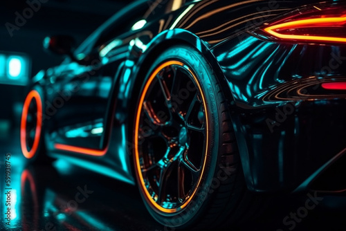 Wheel rim of a speed sports car with vibrant colors and neon lights, exuding a sense of speed and excitement. Racing Car Rims in the Dark with neon colors and vibrant colors. Ai generated