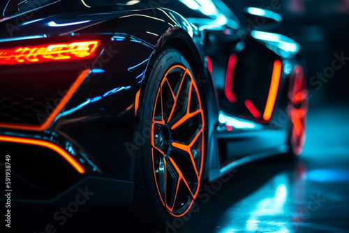 Wheel rim of a speed sports car with vibrant colors and neon lights, exuding a sense of speed and excitement. Racing Car Rims in the Dark with neon colors and vibrant colors. Ai generated