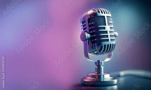 Professional microphone with pink purple background banner, Podcast or recording studio background copy space photo