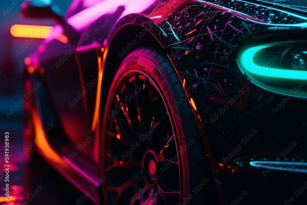 Wheel rim of a speed sports car with vibrant colors and neon lights, exuding a sense of speed and excitement. Racing Car Rims in the Dark with neon colors and vibrant colors. Ai generated Wheel rim of a speed sports car with vibrant colors and neon lights, exuding a sense of speed and excitement. Racing Car Rims in the Dark with neon colors and vibrant colors. Ai generated