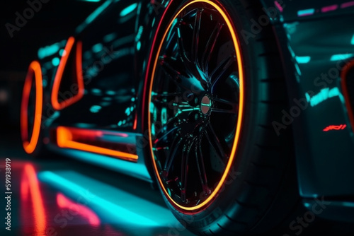 Wheel rim of a speed sports car with vibrant colors and neon lights, exuding a sense of speed and excitement. Racing Car Rims in the Dark with neon colors and vibrant colors. Ai generated