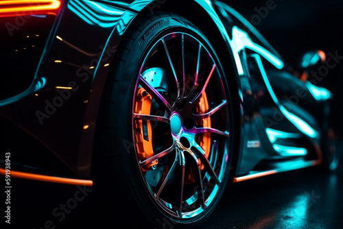 Wheel rim of a speed sports car with vibrant colors and neon lights, exuding a sense of speed and excitement. Racing Car Rims in the Dark with neon colors and vibrant colors. Ai generated © twindesigner