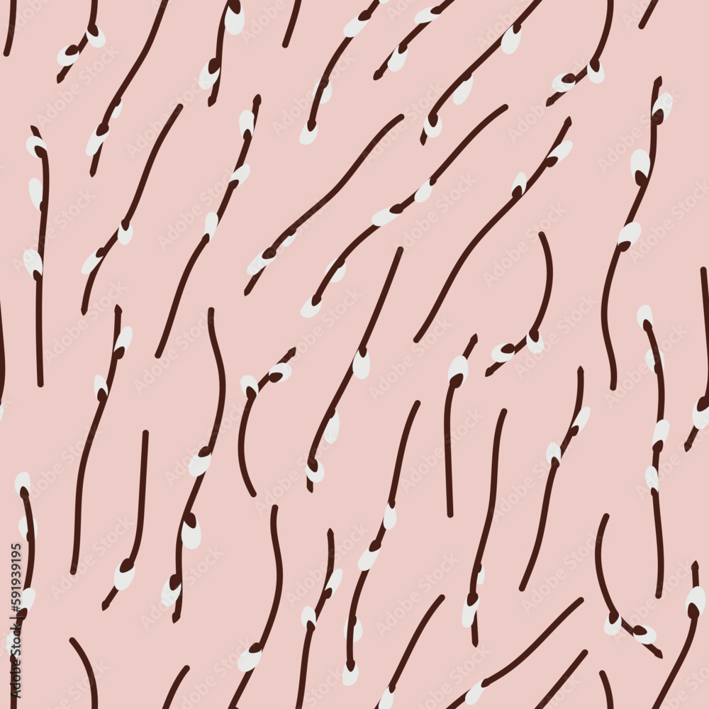 Fototapeta premium Seamless pattern of willow branches on a pink background.