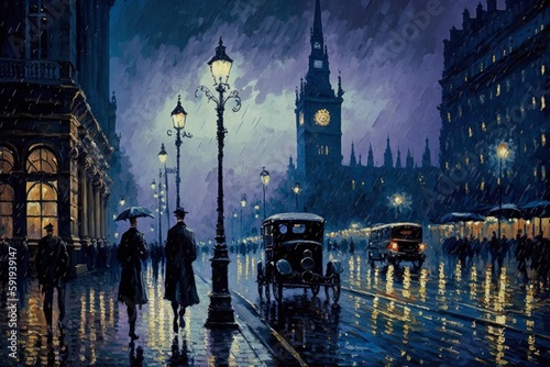Painting of Old European city street landscape, night city in the rain painting, historical cityscape, London street, Generative AI photo