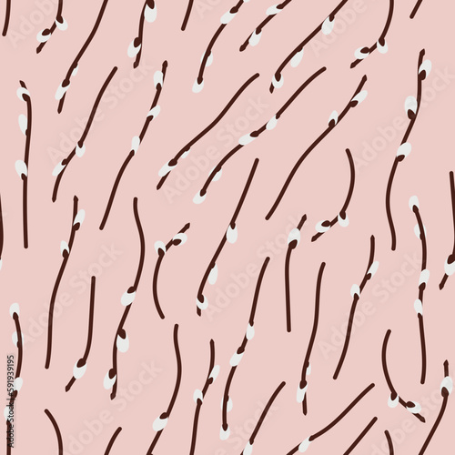 
Seamless pattern of willow branches on a pink background.