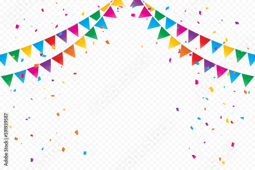 Colorful Party Flags With Confetti Falling On Transparent Background. Celebration Event And Birthday Party. Surprise. Multicolored. Vector