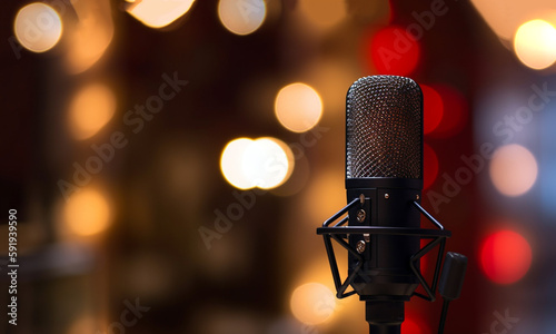 studio microphone in neon lights. sound recording equipment on bokeh background. Podcast,recording music concept microphone