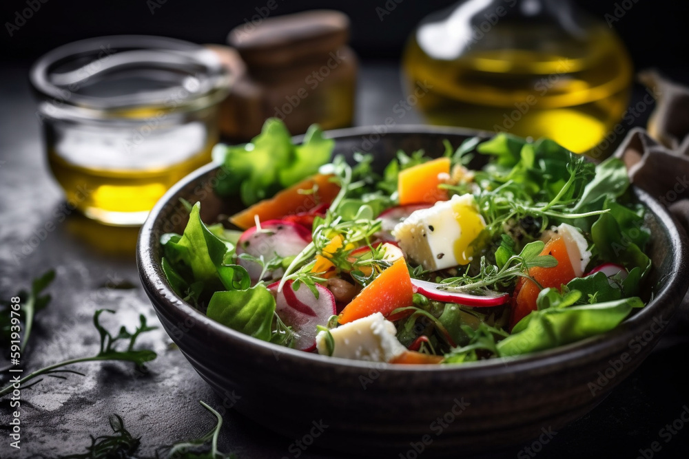 A healthy and refreshing spring salad consisting of a mix of fresh greens, crumbled cheese, sweet baby tomatoes, and a drizzle of flavorful olive oil. Ai generated A healthy and refreshing spring salad consisting of a mix of fresh greens, crumbled cheese, sweet baby tomatoes, and a drizzle of flavorful olive oil. Ai generated