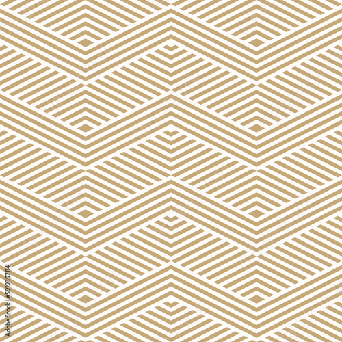 Vector geometric lines pattern. Abstract gold and white striped ornament. Simple minimal texture with quirky stripes, chevron, zig zag shapes. Modern golden linear background. Trendy repeat geo design