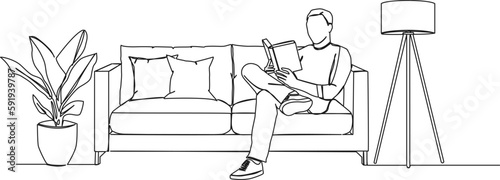 continuous single line drawing of man sitting on sofa reading a book, line art vector illustration