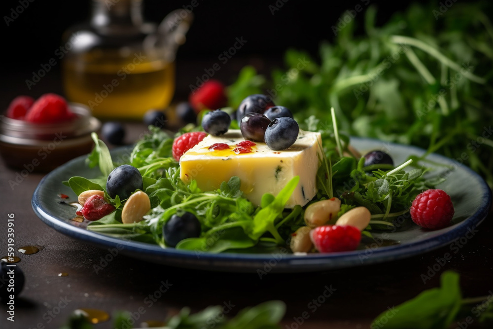 A healthy and refreshing spring salad consisting of a mix of fresh greens, crumbled cheese, sweet baby tomatoes, and a drizzle of flavorful olive oil. Ai generated A healthy and refreshing spring salad consisting of a mix of fresh greens, crumbled cheese, sweet baby tomatoes, and a drizzle of flavorful olive oil. Ai generated