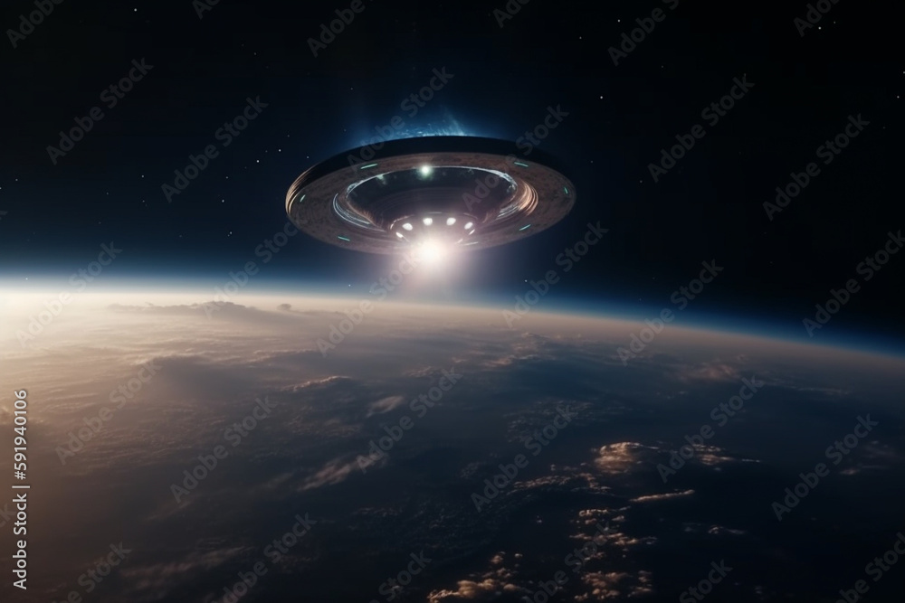 UFO approaching Earth from space, with a sense of mystery and intrigue. Alien encounter concept. Ai generated. UFO approaching Earth from space, with a sense of mystery and intrigue. Alien encounter concept. Ai generated.