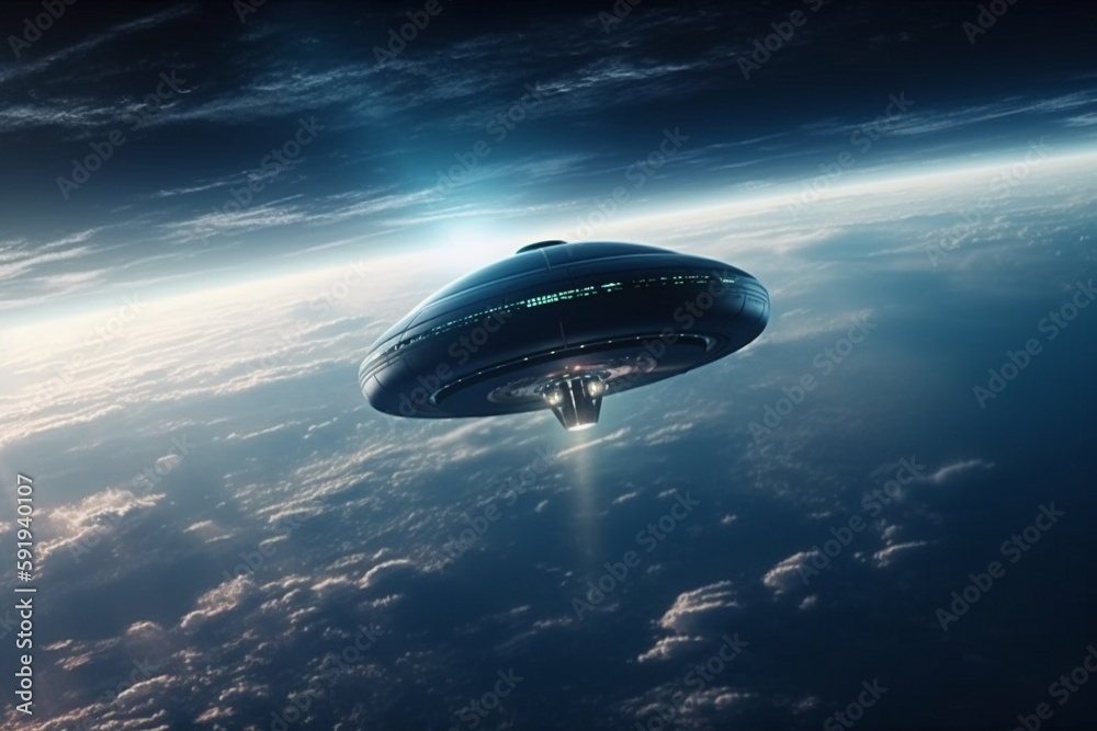 UFO approaching Earth from space, with a sense of mystery and intrigue. Alien encounter concept. Ai generated. UFO approaching Earth from space, with a sense of mystery and intrigue. Alien encounter concept. Ai generated.
