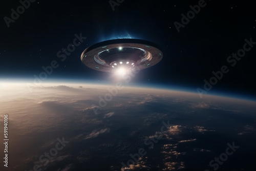 UFO approaching Earth from space, with a sense of mystery and intrigue. Alien encounter concept. Ai generated.