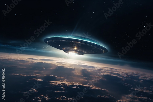 UFO approaching Earth from space, with a sense of mystery and intrigue. Alien encounter concept. Ai generated.