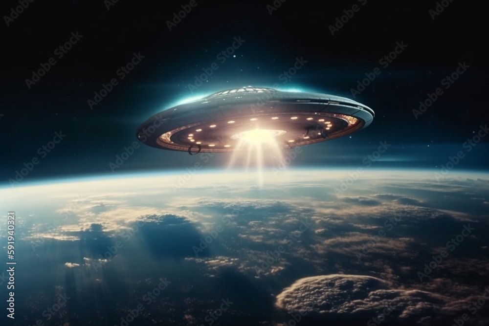 UFO approaching Earth from space, with a sense of mystery and intrigue. Alien encounter concept. Ai generated. UFO approaching Earth from space, with a sense of mystery and intrigue. Alien encounter concept. Ai generated.