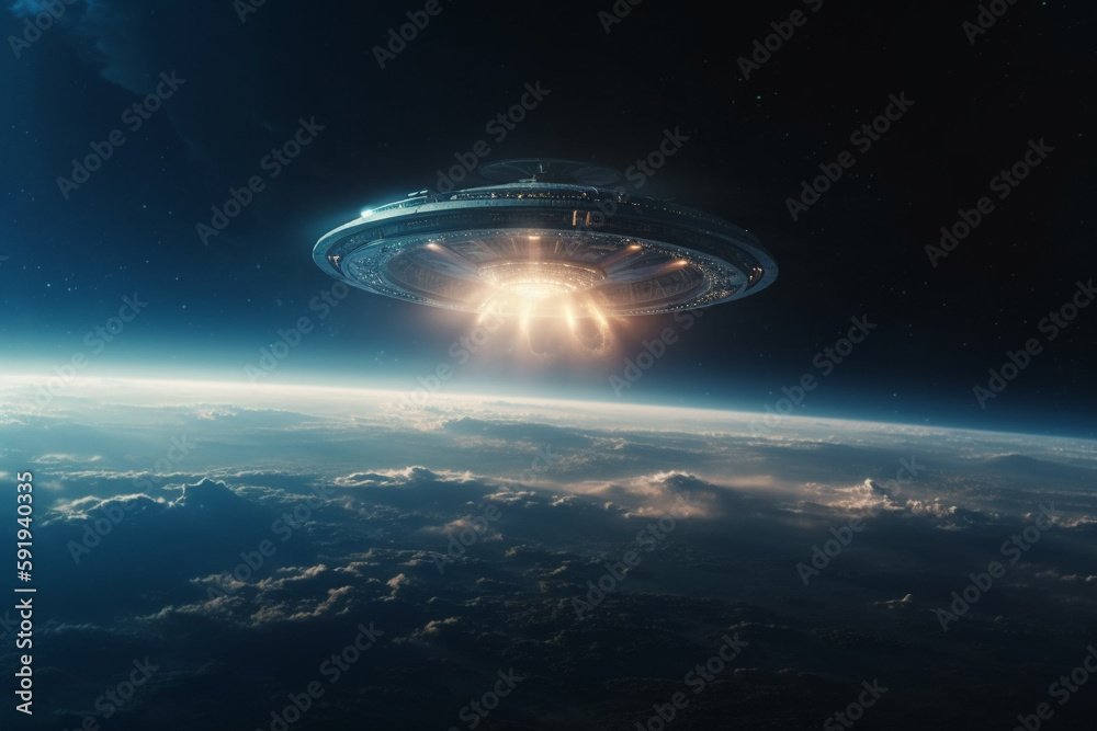 UFO approaching Earth from space, with a sense of mystery and intrigue. Alien encounter concept. Ai generated. UFO approaching Earth from space, with a sense of mystery and intrigue. Alien encounter concept. Ai generated.