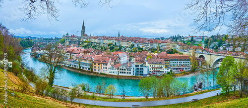 Panorama of medieval neighborhoods of Bern from the park of Barenpark in Bern, Switzerland photo