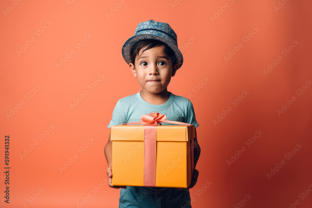Excited Child with a Surprise Gift on Pastel Background, copy space, empty space to put text, AI Generative Excited Child with a Surprise Gift on Pastel Background, copy space, empty space to put text, AI Generative