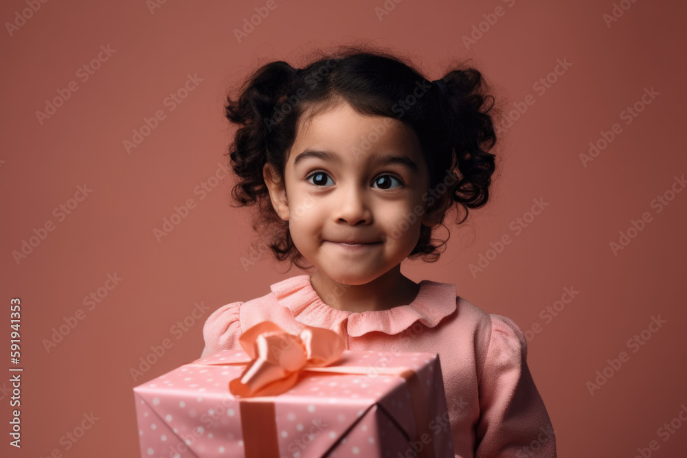 Excited Child with a Surprise Gift on Pastel Background, copy space, empty space to put text, AI Generative Excited Child with a Surprise Gift on Pastel Background, copy space, empty space to put text, AI Generative