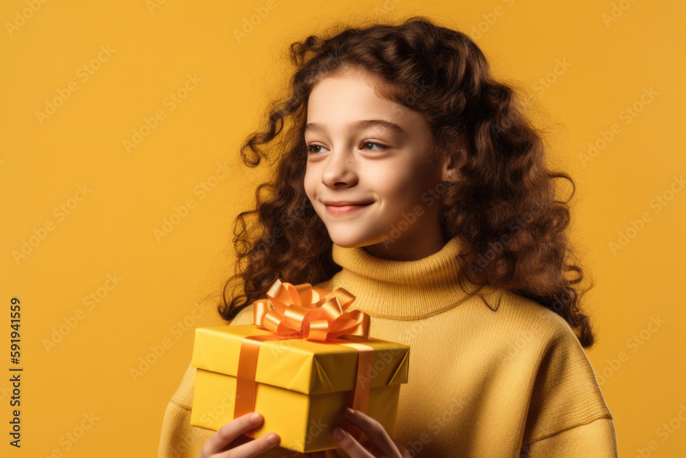 Excited Child with a Surprise Gift on Pastel Background, copy space, empty space to put text, AI Generative Excited Child with a Surprise Gift on Pastel Background, copy space, empty space to put text, AI Generative