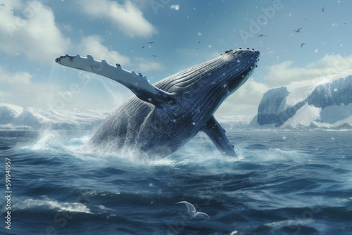 Whale jumping out of the arctic waters with glaciers in the background, representing the beauty and power of nature in the Arctic region. Ai generated © twindesigner