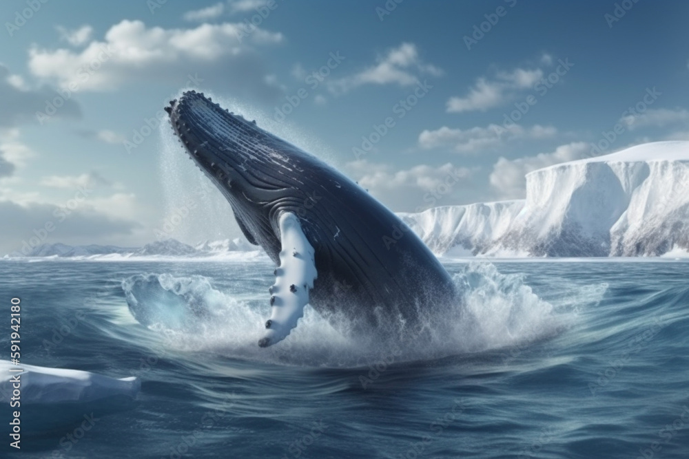 Fototapeta premium Whale jumping out of the arctic waters with glaciers in the background, representing the beauty and power of nature in the Arctic region. Ai generated