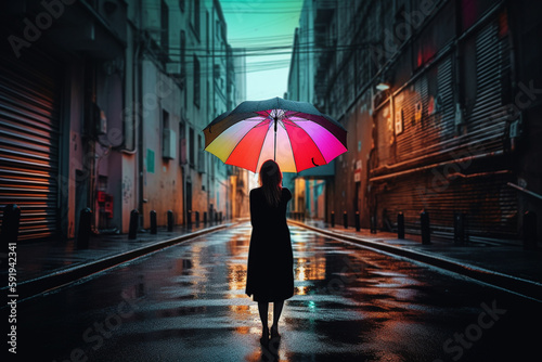 Woman holding a vibrant colorful umbrella on an empty street during a rain. Perfect for use in fashion blogs  lifestyle magazines  or any project related to urban living and style. Ai generated