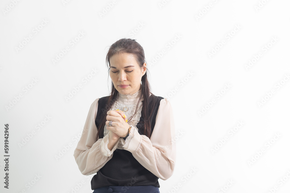 Asian woman hands praying isolate. Church services concept. Asian woman hands praying isolate. Church services concept.