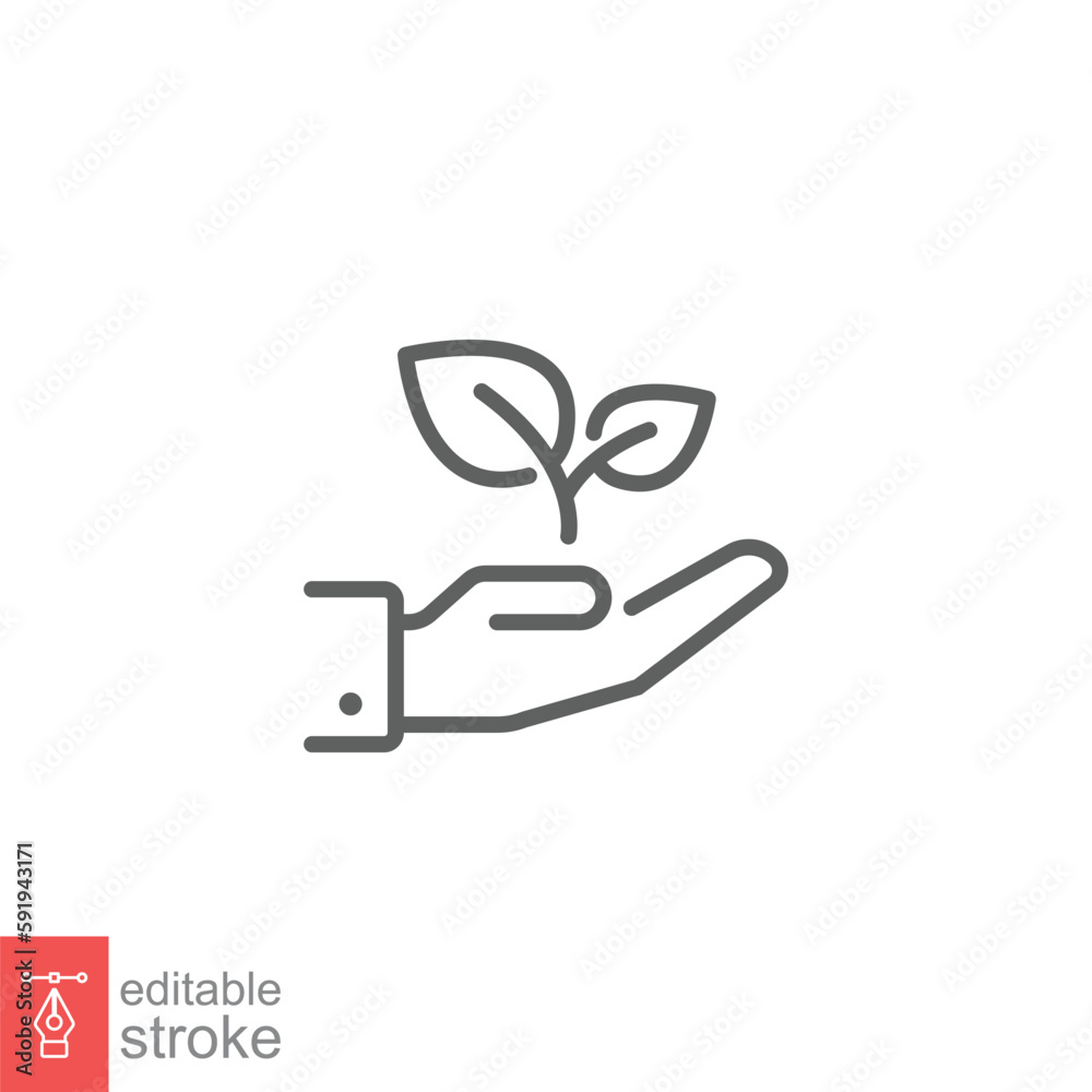 Plant in hand flat icon. Simple outline style. Hand holding tree, leaf, environmental conservation concept. Thin line symbol. Vector illustration isolated on white background. Editable stroke EPS 10. Plant in hand flat icon. Simple outline style. Hand holding tree, leaf, environmental conservation concept. Thin line symbol. Vector illustration isolated on white background. Editable stroke EPS 10.