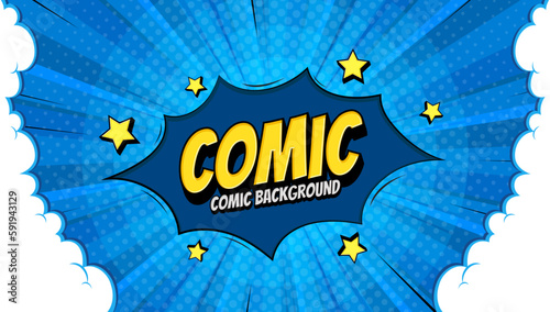 Pop art comic background with cloud and star. Cartoon Vector Illustration on blue