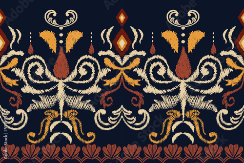 Ikat floral paisley embroidery on black background.geometric ethnic oriental pattern traditional.Aztec style abstract vector illustration.