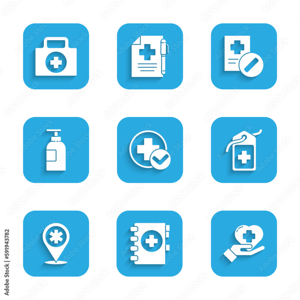 Set Cross hospital medical, Medical clipboard, Heart with cross, tag, Map pointer, Hand sanitizer bottle, prescription and First aid kit icon. Vector Set Cross hospital medical, Medical clipboard, Heart with cross, tag, Map pointer, Hand sanitizer bottle, prescription and First aid kit icon. Vector