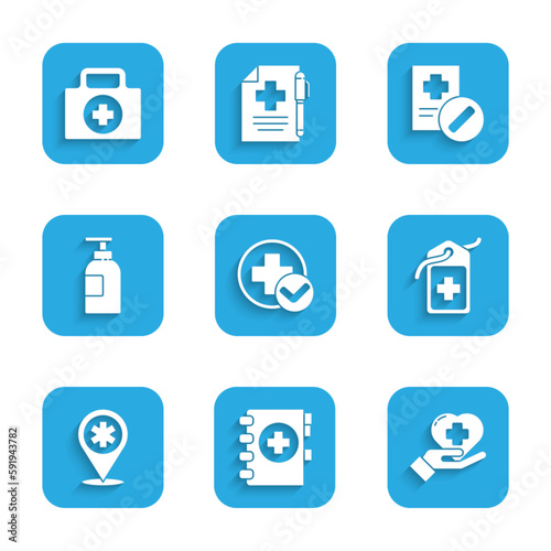 Set Cross hospital medical, Medical clipboard, Heart with cross, tag, Map pointer, Hand sanitizer bottle, prescription and First aid kit icon. Vector
