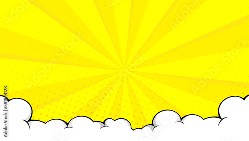 Sunset bright pop art comic background with halftone color and funny cloud vector