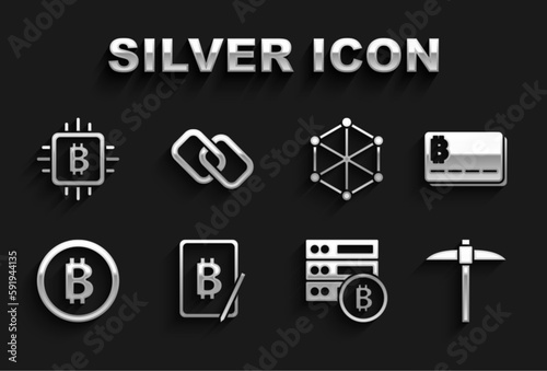 Set Mining bitcoin from tablet, Credit card with, Pickaxe, Server, Bitcoin, Blockchain technology, CPU mining farm and Chain link icon. Vector