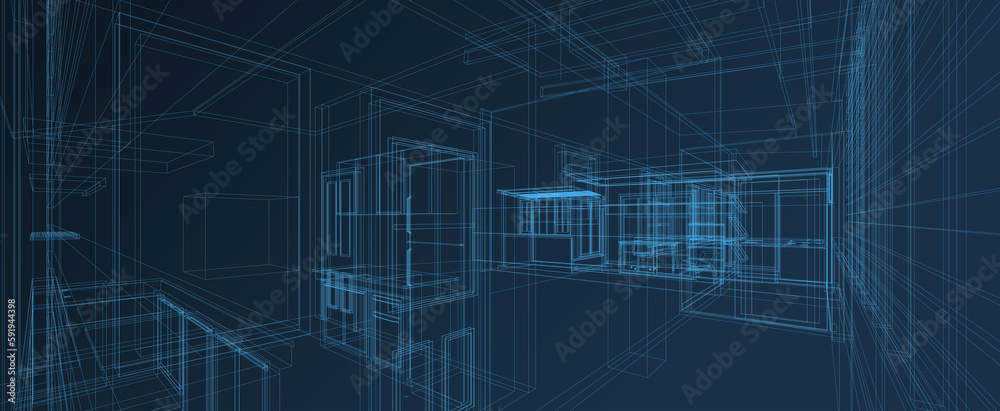 Smart house automation system interior wireframe digital intelligent technology abstract background architecture 3d wireframe construction on blue background