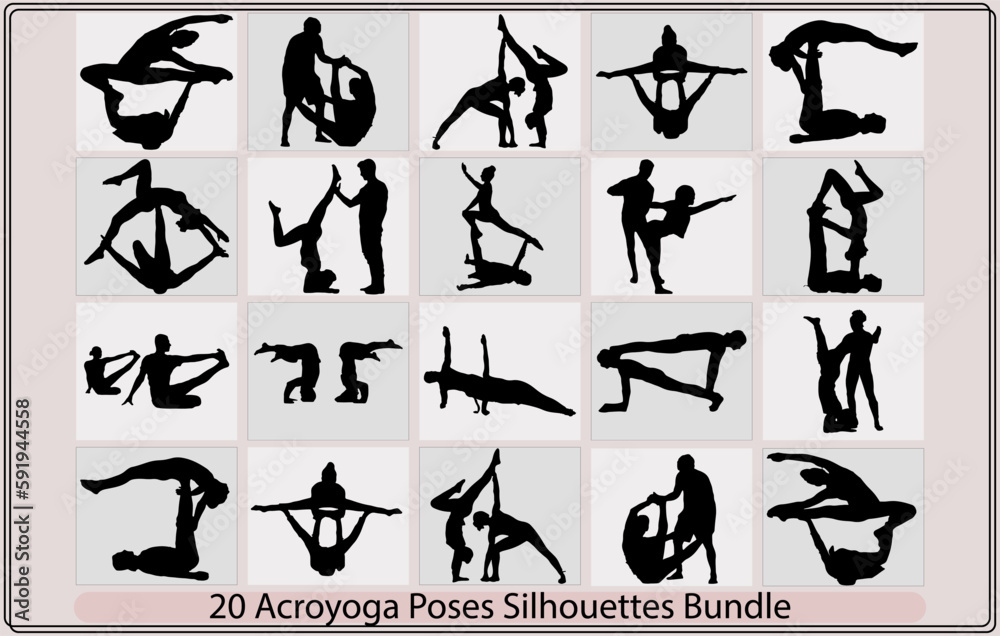 silhouettes of man and woman in various acroyoga positions,Gymnasts and athletes,illustration of men and women in an acroyoga session,