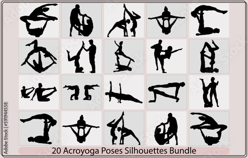 Fototapeta Naklejka Na Ścianę i Meble -  silhouettes of man and woman in various acroyoga positions,Gymnasts and athletes,illustration of men and women in an acroyoga session,