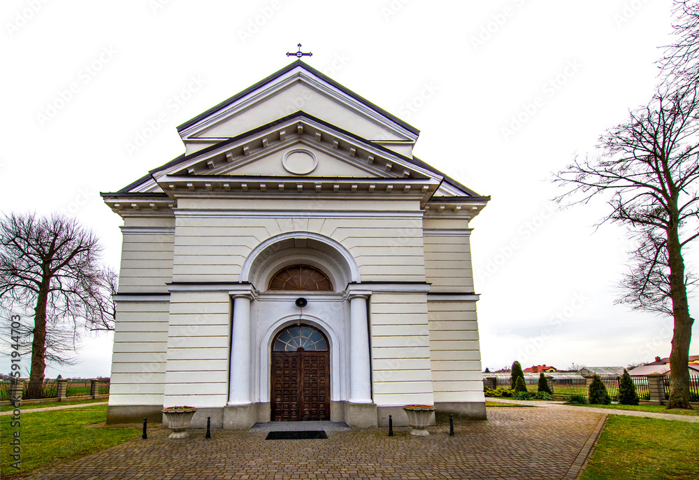 Built in 1828 in the classicist style, the Catholic Church of St. Stanislaus in Płoniawy-Bramura in Mazovia, Poland.