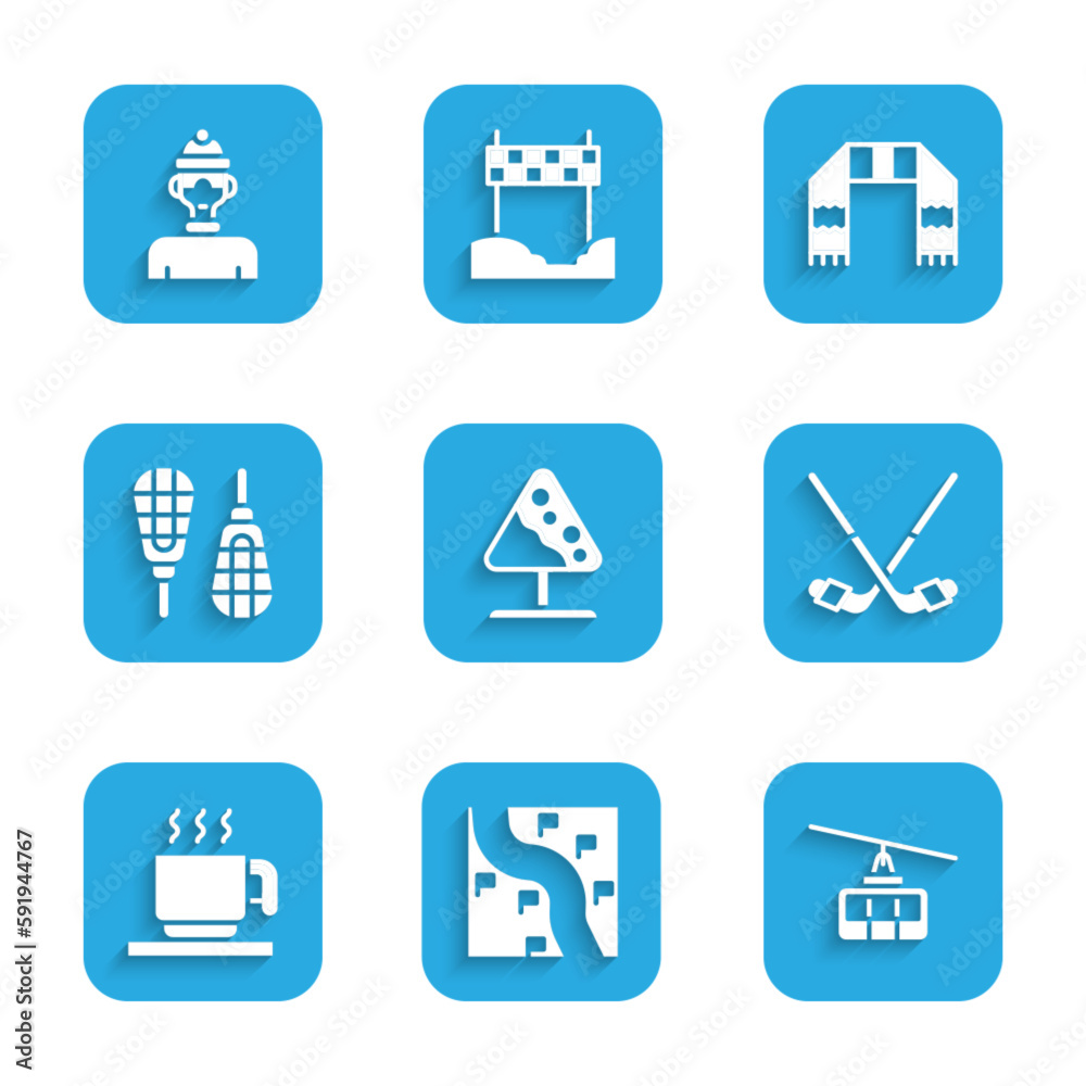 Set Road sign avalanches, Route location, Cable car, Ice hockey sticks, Hot chocolate cup, Snowshoes, Winter scarf and athlete icon. Vector Set Road sign avalanches, Route location, Cable car, Ice hockey sticks, Hot chocolate cup, Snowshoes, Winter scarf and athlete icon. Vector