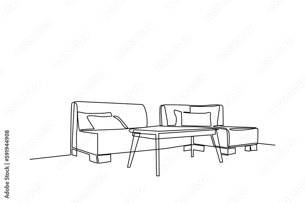 Continuous one line drawing Interior of the living room with sofa and decoration accessories. Living room concept. Single line draw design vector graphic illustration. Continuous one line drawing Interior of the living room with sofa and decoration accessories. Living room concept. Single line draw design vector graphic illustration.