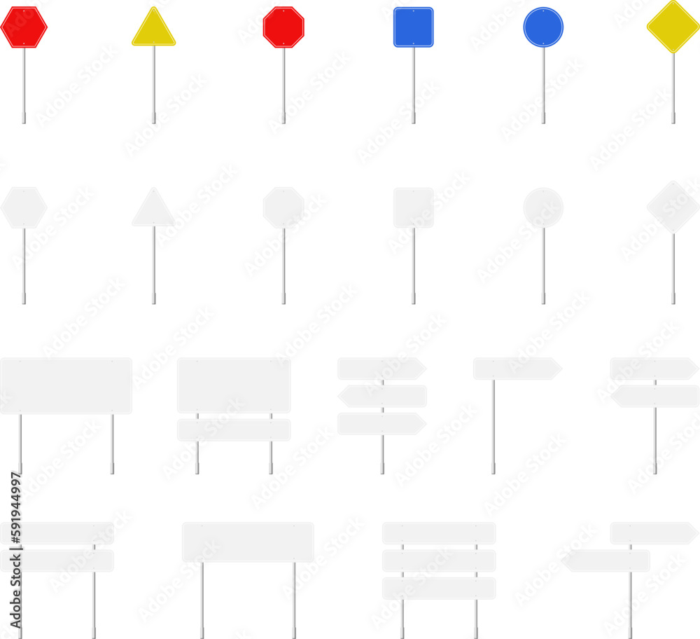 Various road, traffic signs. Highway signboard on a chrome metal pole. Vector Various road, traffic signs. Highway signboard on a chrome metal pole. Vector