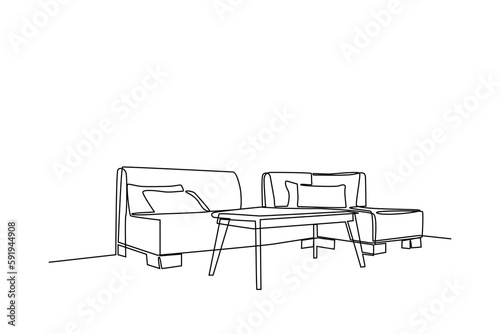 Continuous one line drawing Interior of the living room with sofa and decoration accessories. Living room concept. Single line draw design vector graphic illustration.