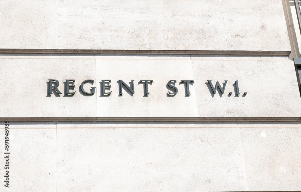 A street sign for Regent Street in Westminster, London, United Kingdom. A shopping destination for famous luxury retail stores and brands A street sign for Regent Street in Westminster, London, United Kingdom. A shopping destination for famous luxury retail stores and brands
