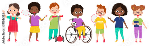 A group of multicultural kids are playing to each other. Children greet a physically challenged, handicapped kids. The concept of inclusive education at school. Cartoon vector
